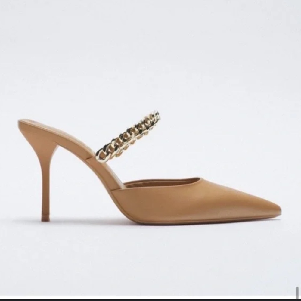 Zara Nude Gold Tone Chain Heeled Mule Stiletto